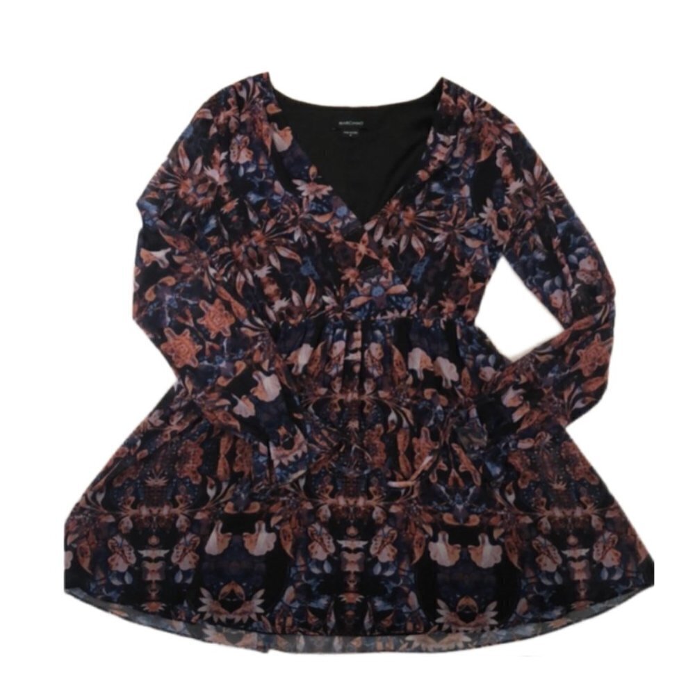 Marciano V-Neck Skater Fit and Flare Printed Navy Dress
